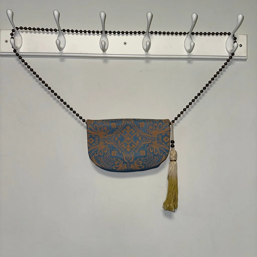 T-Shirt & Jeans Crossbody Bag Blue/Tan with Tassel Geometric ball chain Purse